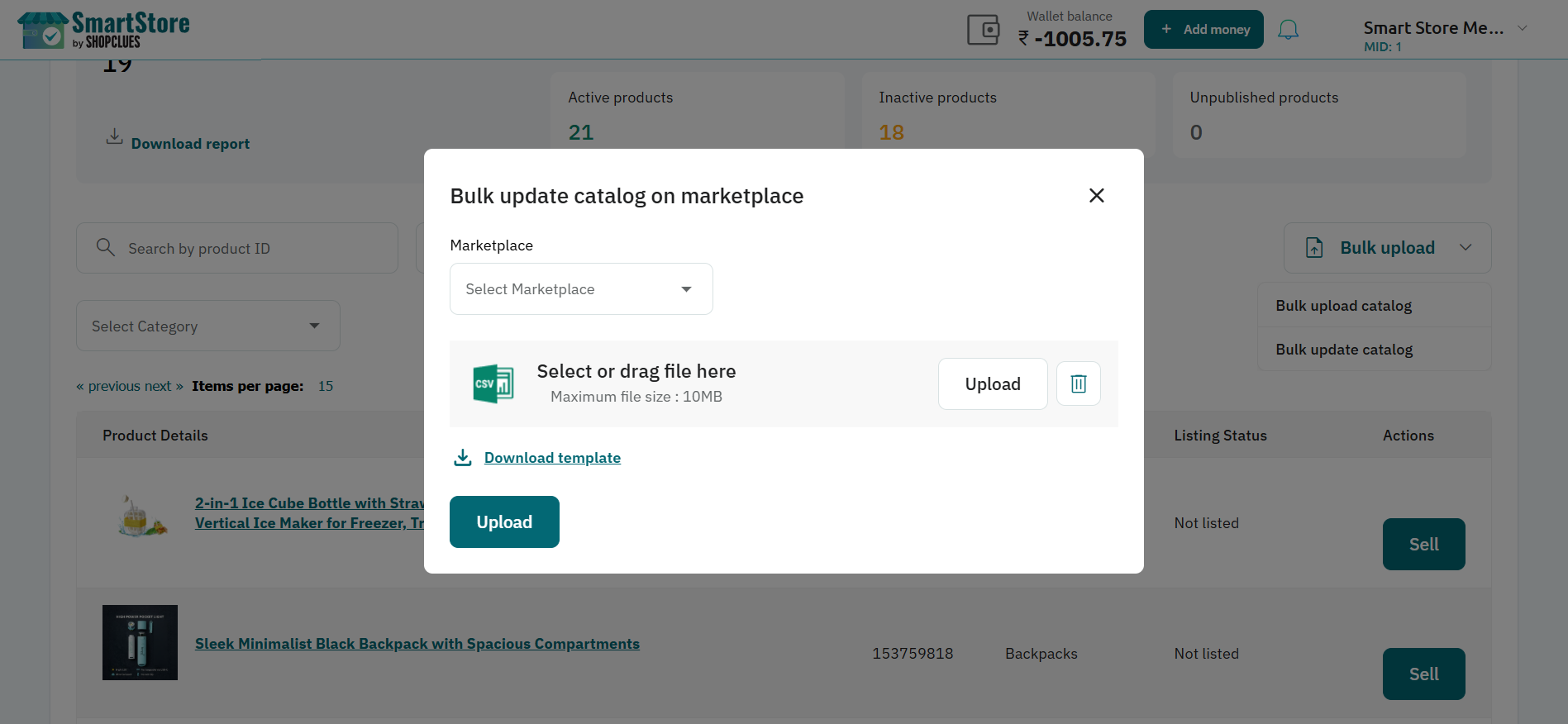 SmartStore bulk-update interface for editing multiple products